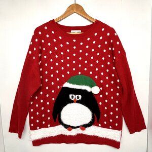 Ugly Christmas Sweater Penguin Notations Woman Fuzzy 3D Red Snow Holiday Size 1X